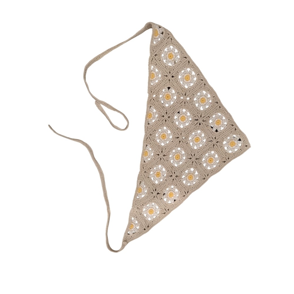 Handmade Crochet Daisy Granny Square Triangle Head Scarf Beige Boho Kerchiefβ